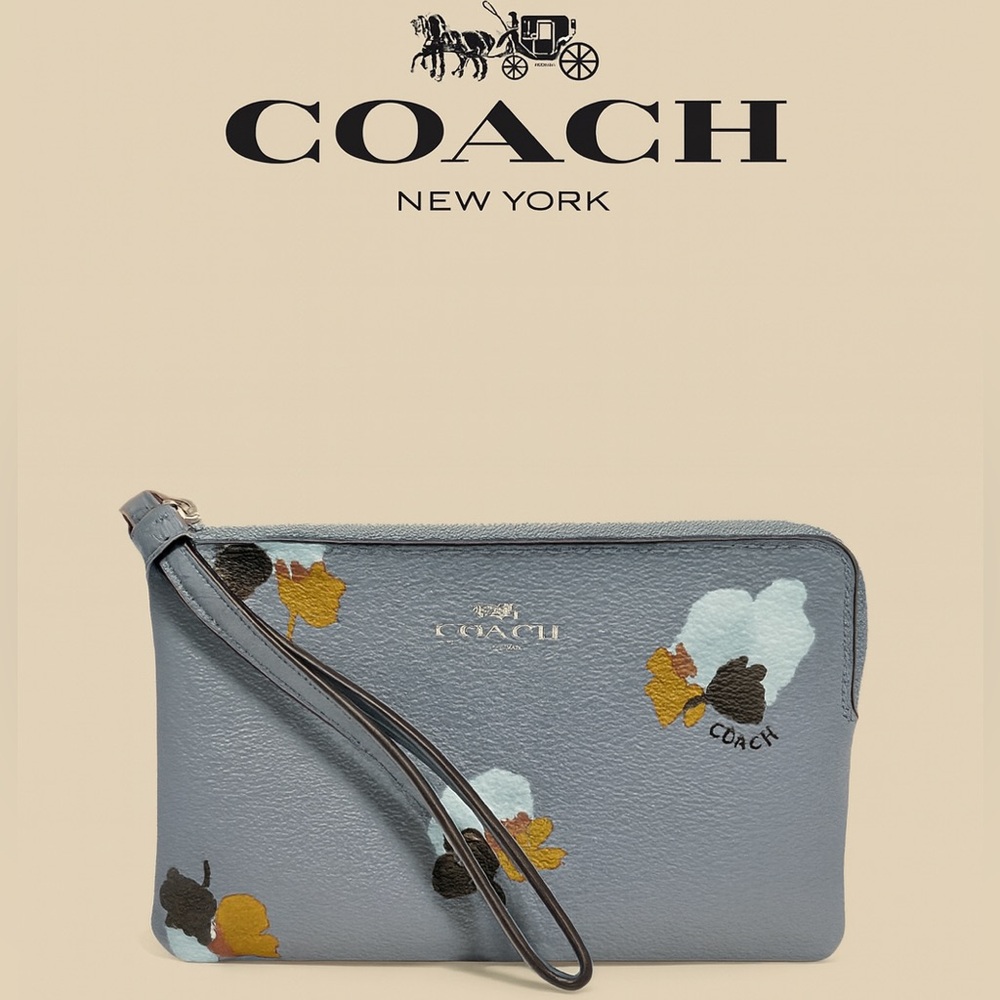 COACH Corner Zip Wristlet | Field Floral Print | Gray Leather w/ Flowers | EUC